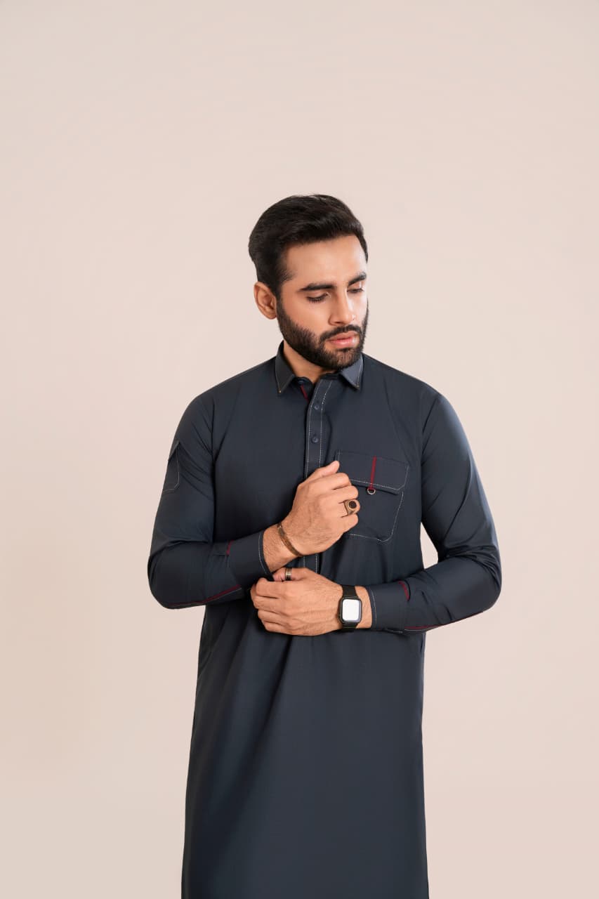 Jet black Wash and Wear fabric Stitched Men’s Shalwar Kameez.