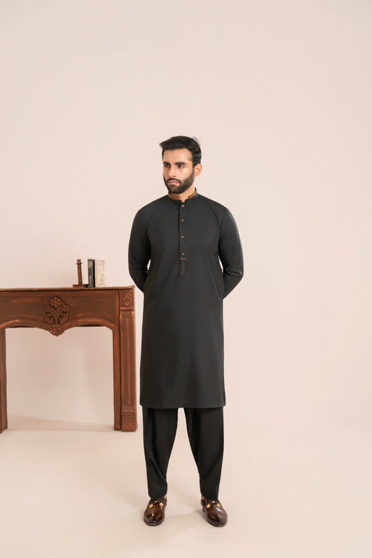 Obsidian Black Wash And Wear Fabric Stitched Men’s Shalwar Kameez