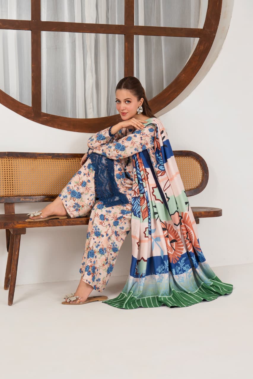 Ivory Sky, Khaddar 3 Pc Unstitched Air Jet Quality.