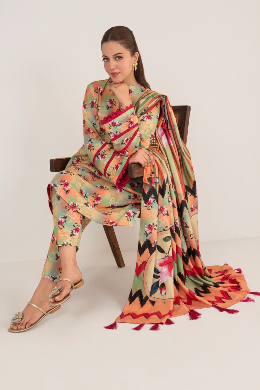 Olive Carnival, Khaddar 3 Pc Unstiched Air Jet Quality.