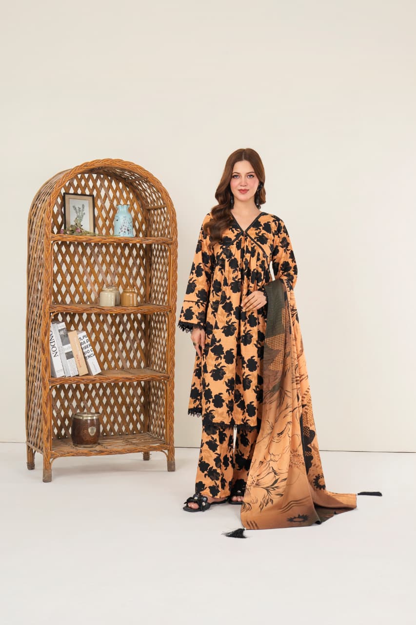 Golden Petal, Khaddar 3 Pc Unstitched Air Jet Quality.