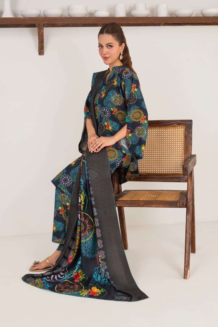 Blue Serenity, Khaddar 3 Pc Unstitched Air Jet Quality.