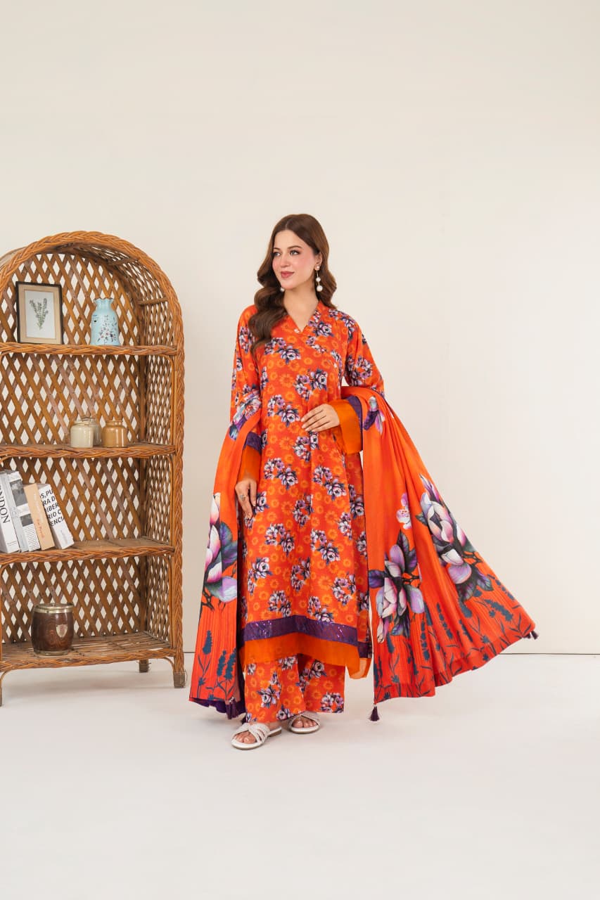 Golden Saffron, Khaddar 3 Pc Unstiched Air Jet Quality.