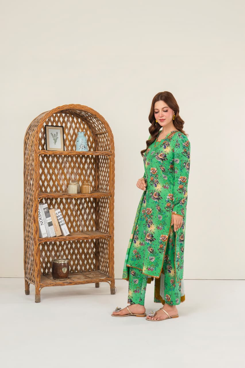 Emarald Green, Khaddar 3 Pc Unstitched Air Jet Quality.