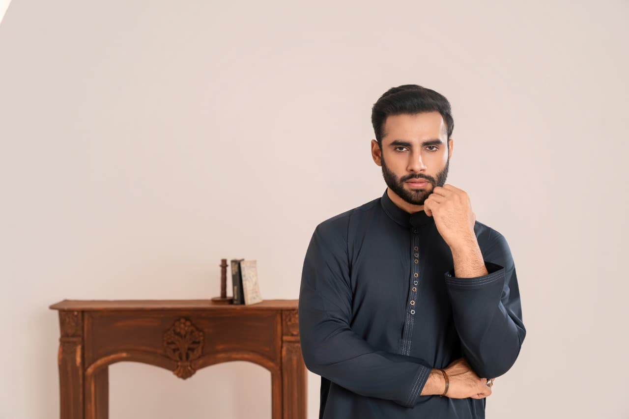 Jet Black Wash and Wear fabric Stitched Men’s Shalwar Kameez.