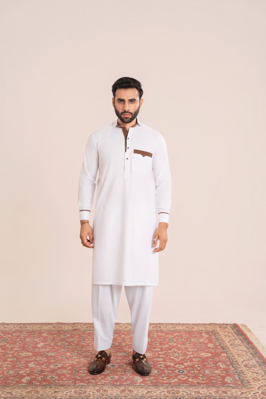 Ivory White, Wash and Wear fabric Stitched Men’s Shalwar Kameez. Collection”.