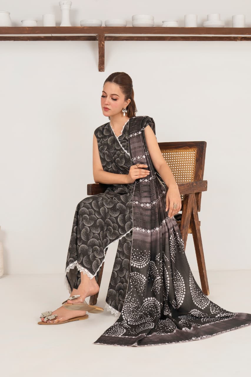 Black Star Dust , sleeveless, Khaddar 3 Pc Unstitched Air Jet Quality.