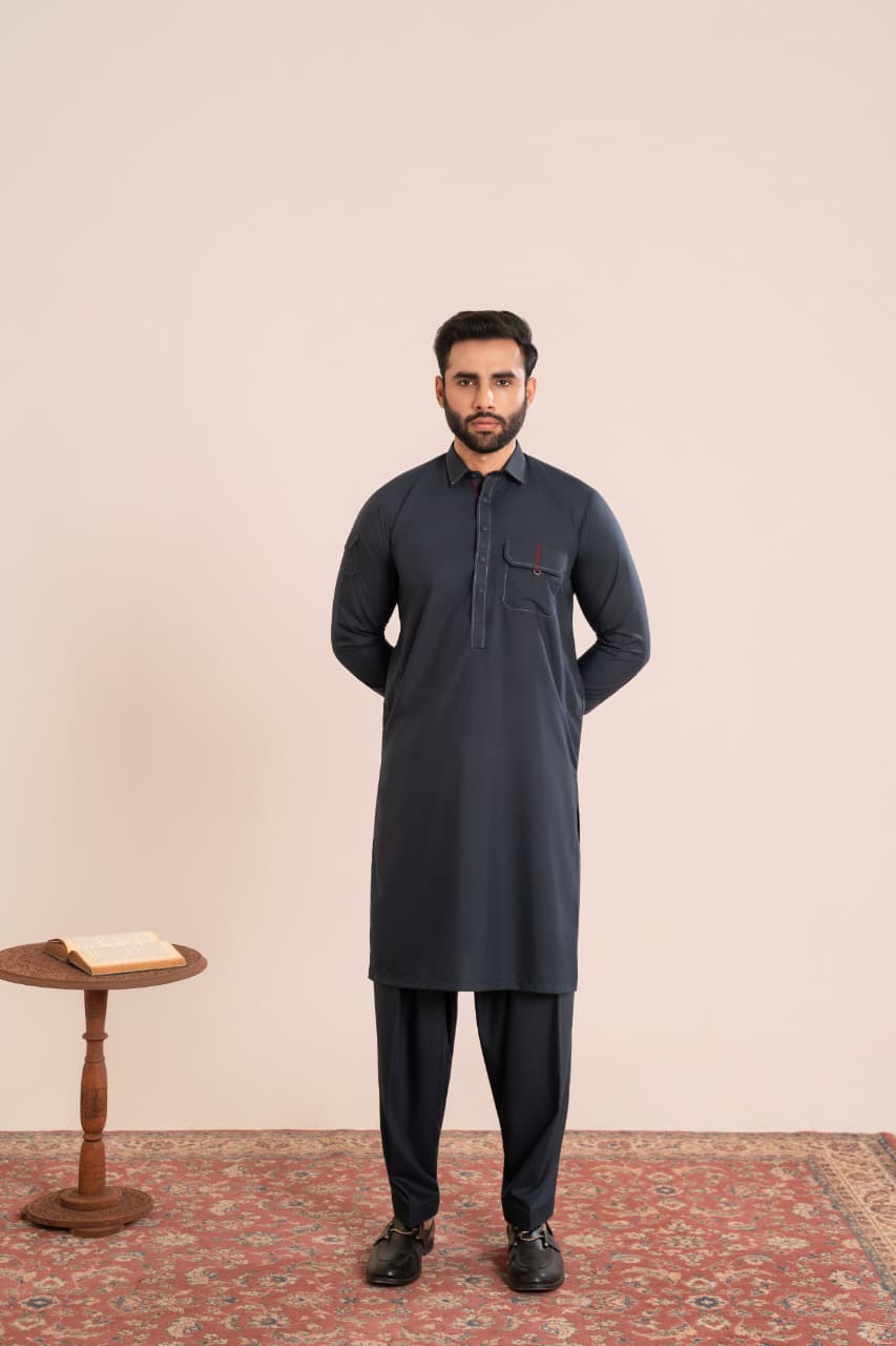 Jet black Wash and Wear fabric Stitched Men’s Shalwar Kameez.