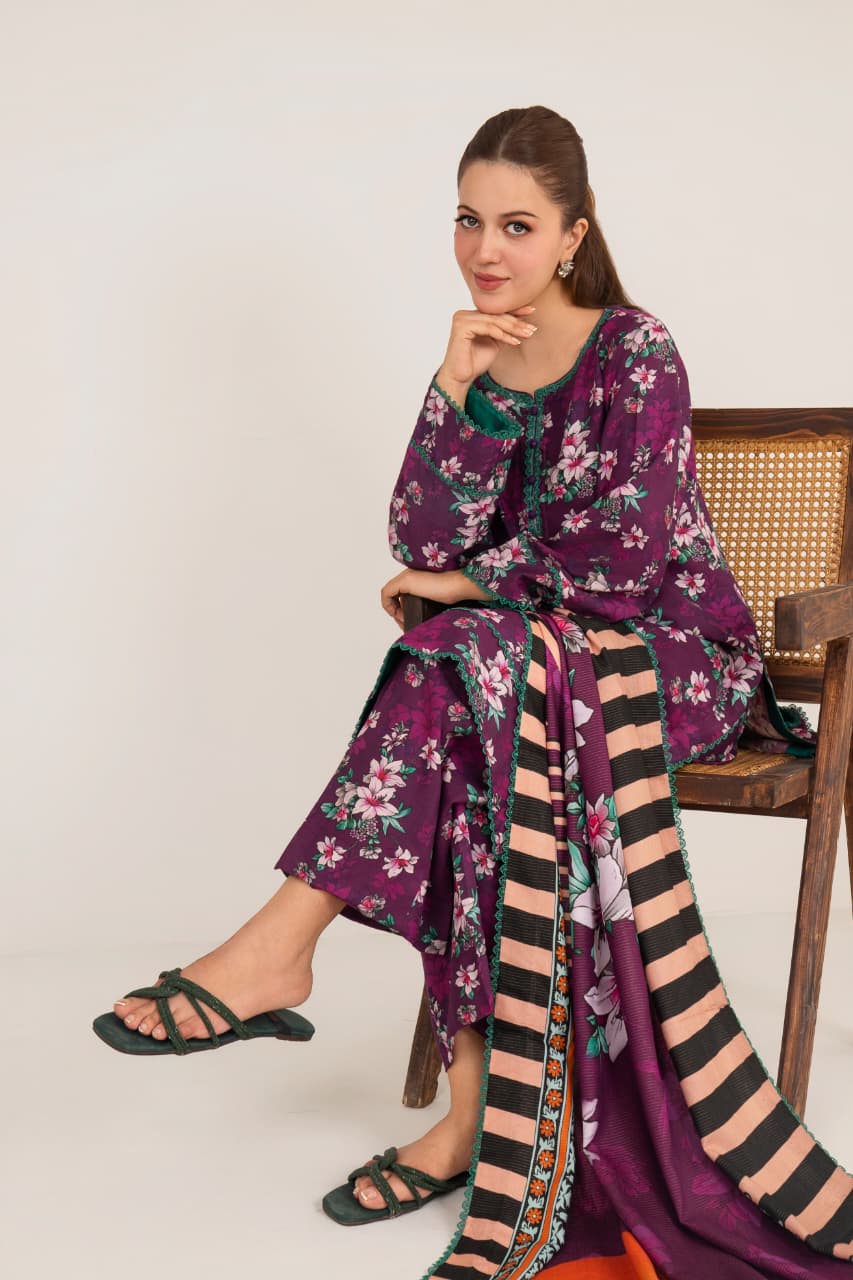 Burgundy , Khaddar 3 Pc Unstitched Air Jet Quality.