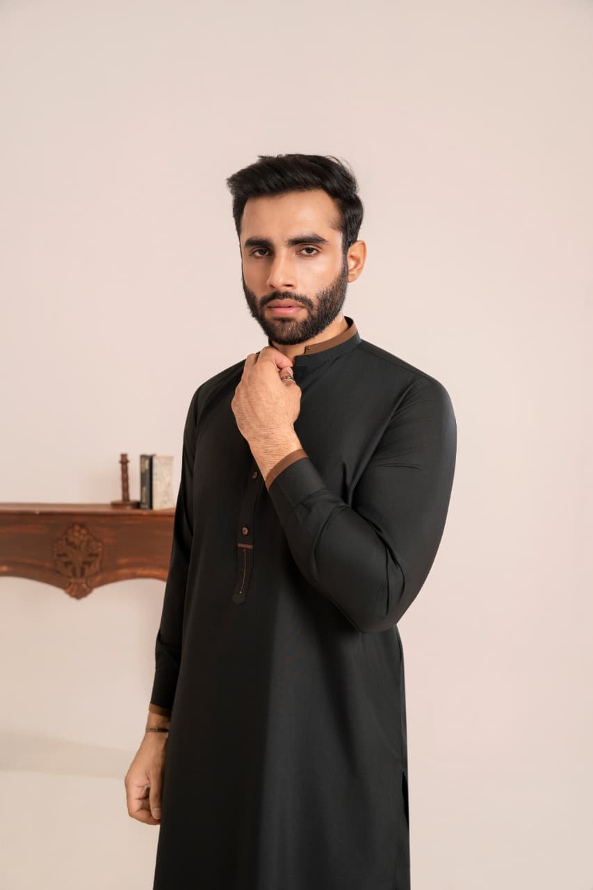 Obsidian black W,ash and Wear fabric Stitched Men’s Shalwar Kameez.