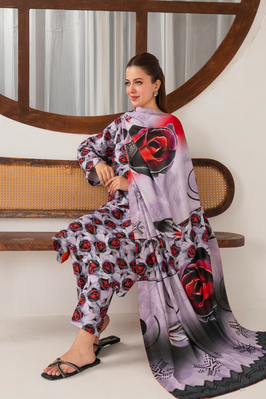 Lavender rouge, Khaddar 3 Pc Unstitched Air Jet Quality.