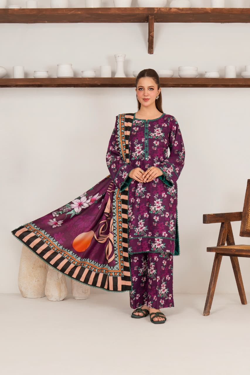 Burgundy , Khaddar 3 Pc Unstitched Air Jet Quality.