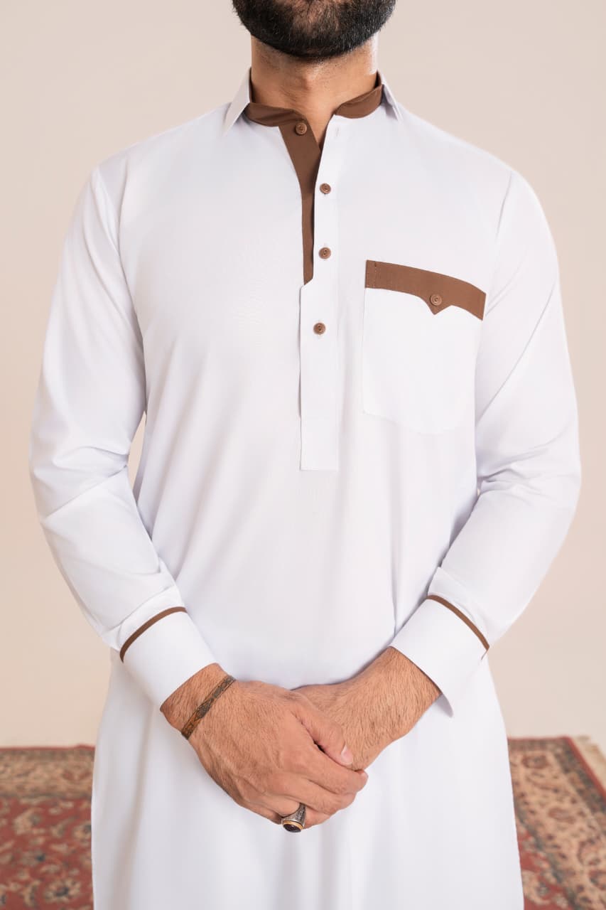 Ivory White, Wash and Wear fabric Stitched Men’s Shalwar Kameez. Collection”.