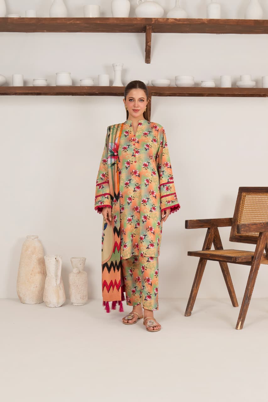 Olive Carnival, Khaddar 3 Pc Unstiched Air Jet Quality.