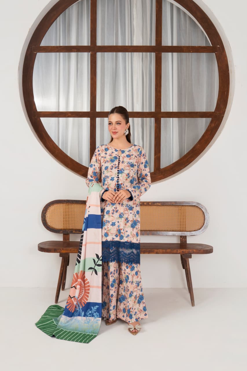 Ivory Sky, Khaddar 3 Pc Unstitched Air Jet Quality.