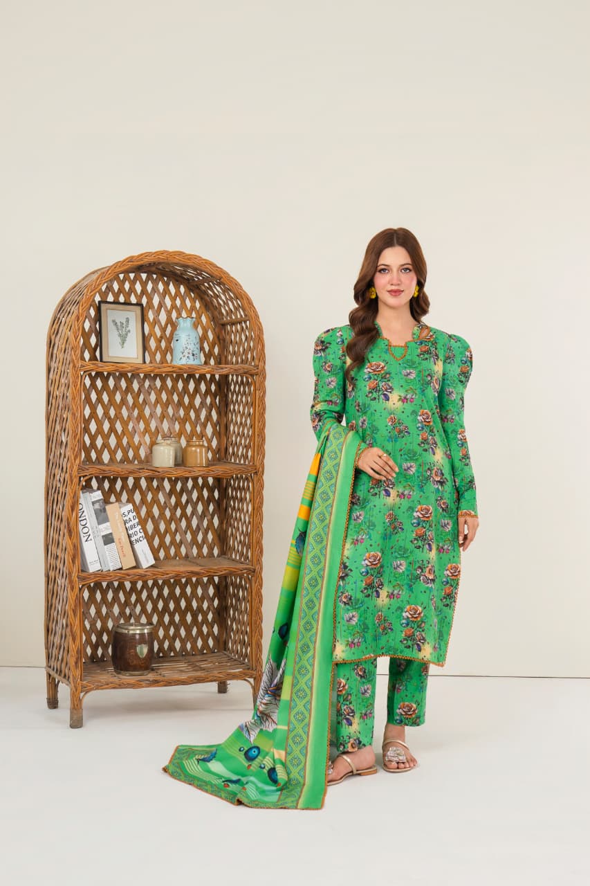 Emarald Green, Khaddar 3 Pc Unstitched Air Jet Quality.