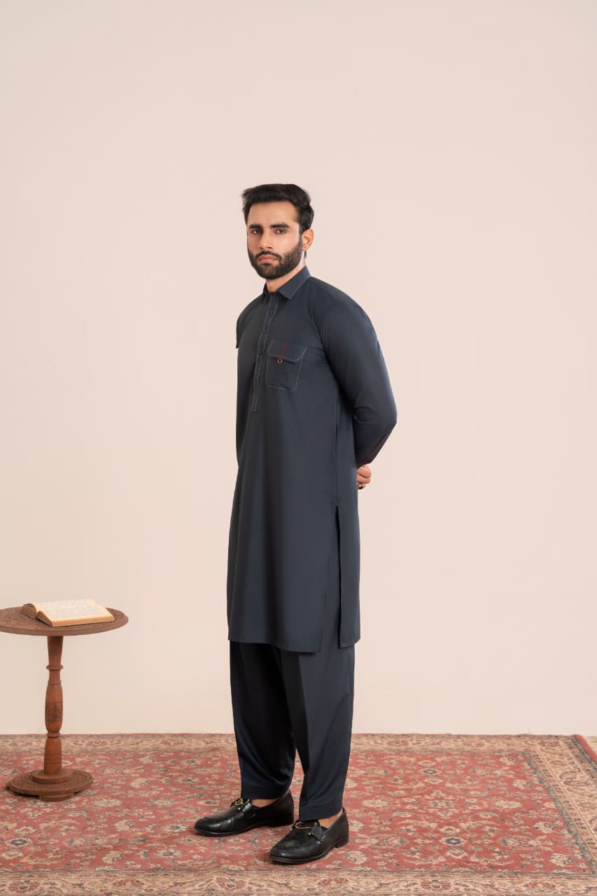 Jet black Wash and Wear fabric Stitched Men’s Shalwar Kameez.