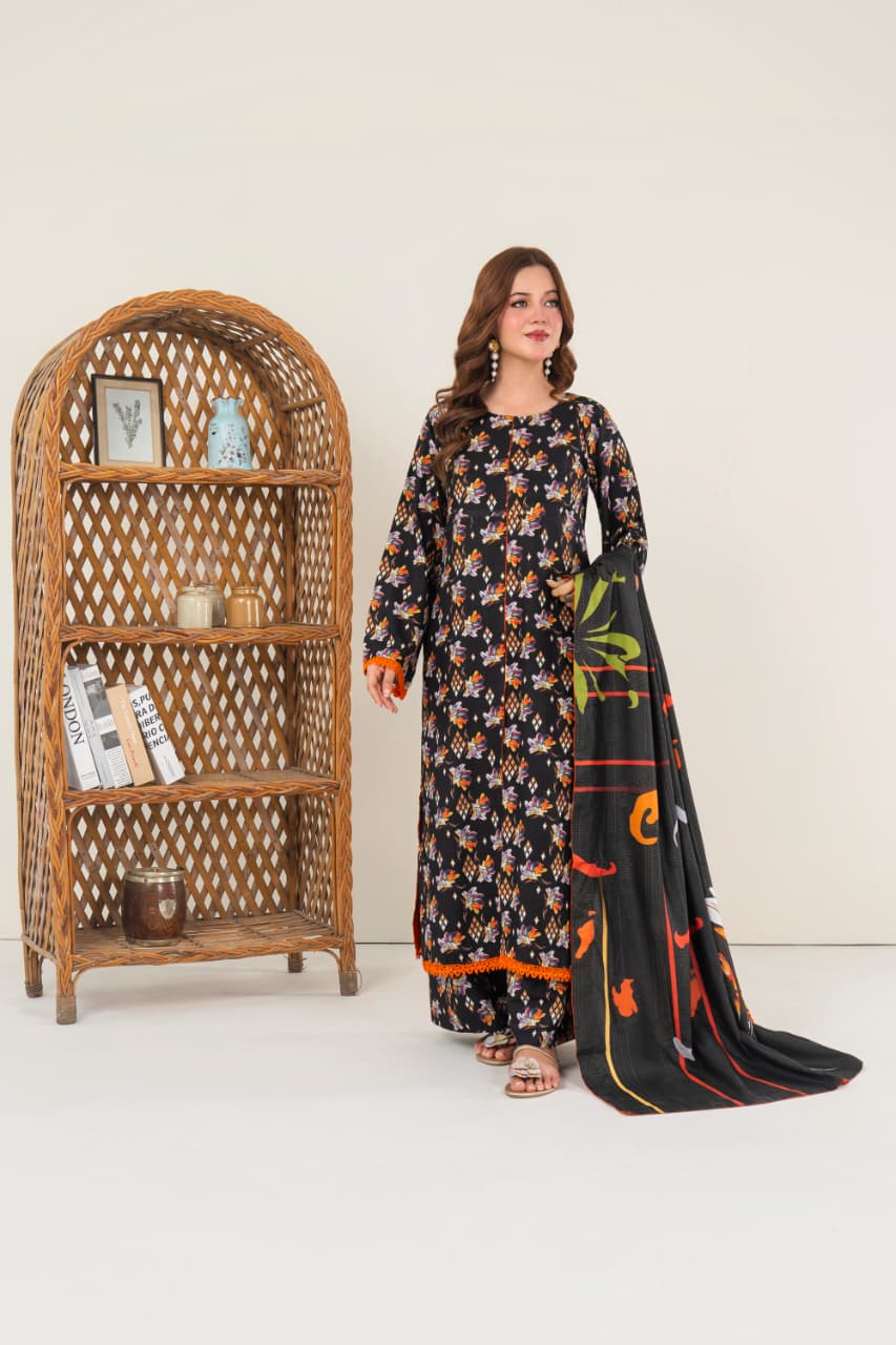 Raven Black, Khaddar 3 Pc Unstitched Air Jet Quality.