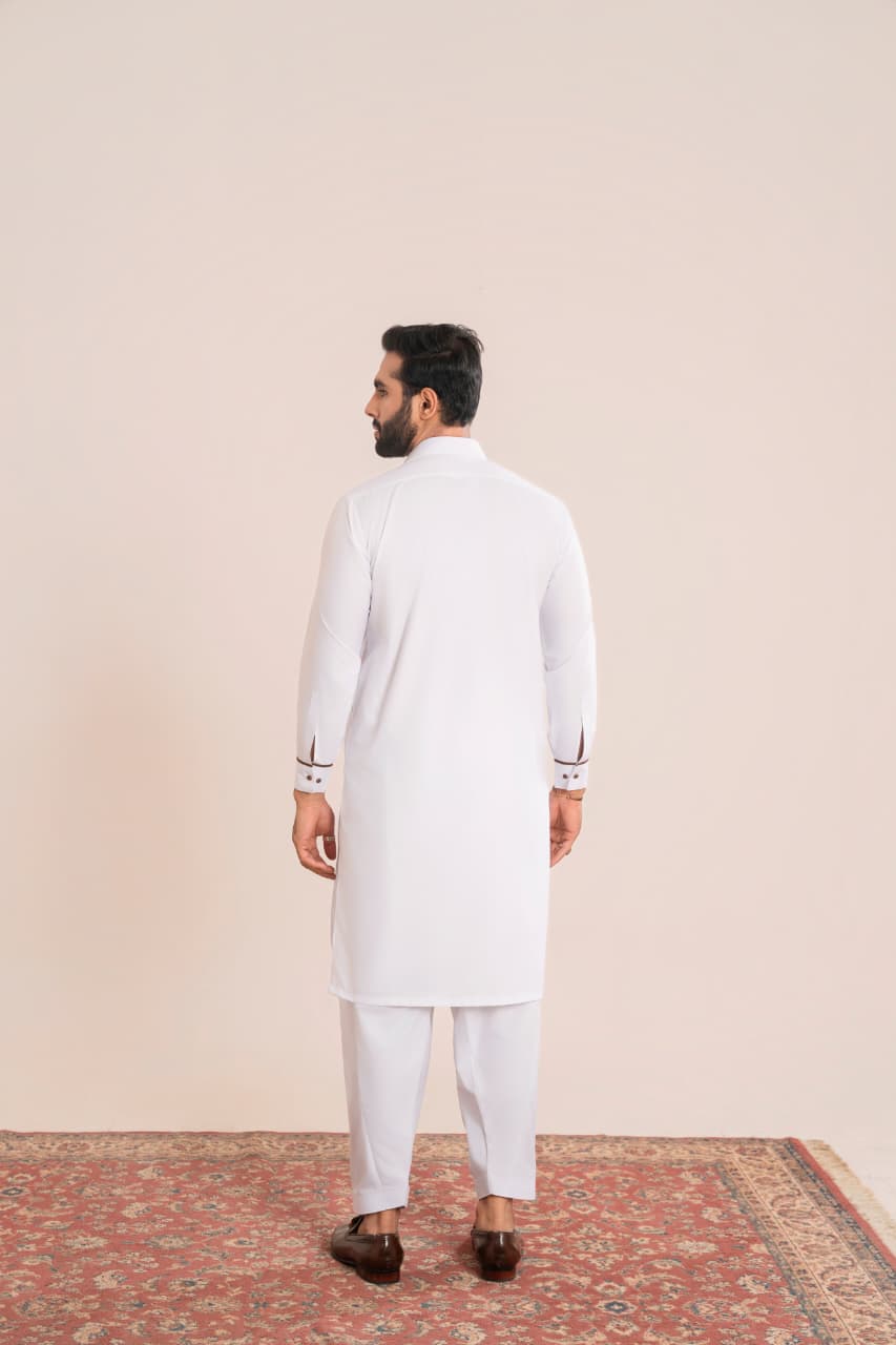 Ivory White, Wash and Wear fabric Stitched Men’s Shalwar Kameez. Collection”.