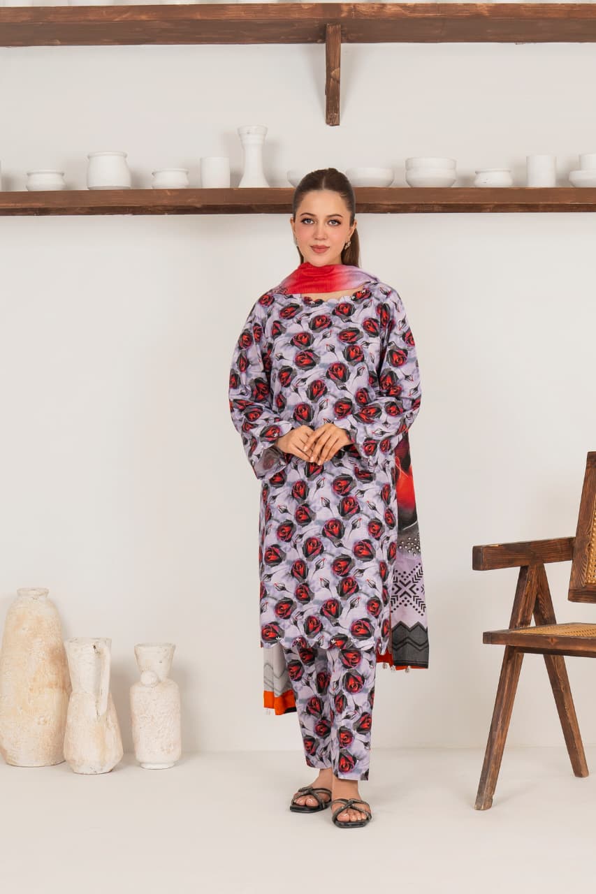 Lavender rouge, Khaddar 3 Pc Unstitched Air Jet Quality.