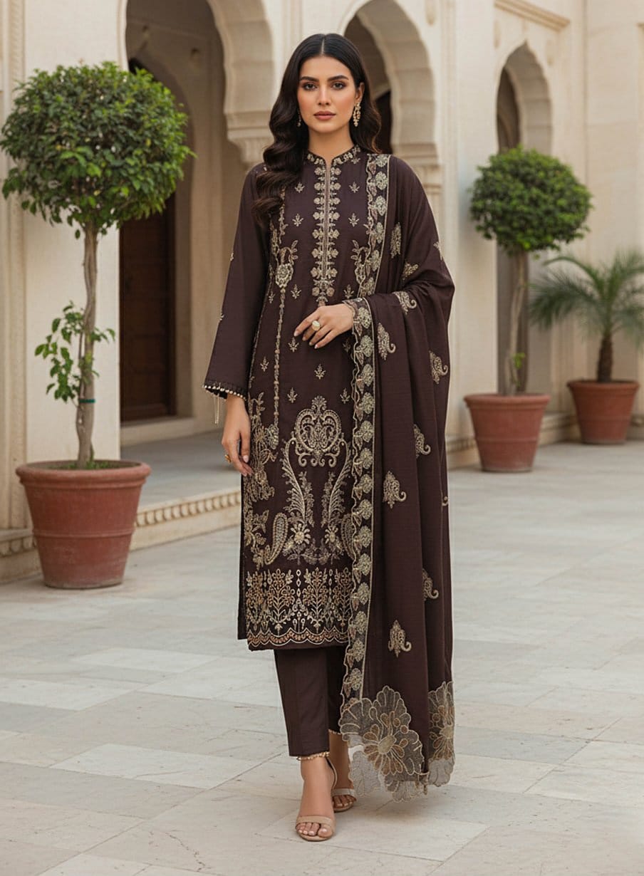 Bronze Dusk, Banadora Wool 2 Head Embroidered 3 Pcs unstitched.