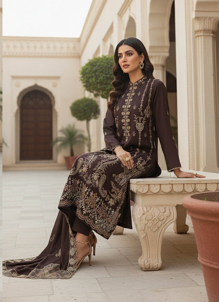 Bronze Dusk, Banadora Wool 2 Head Embroidered 3 Pcs unstitched.