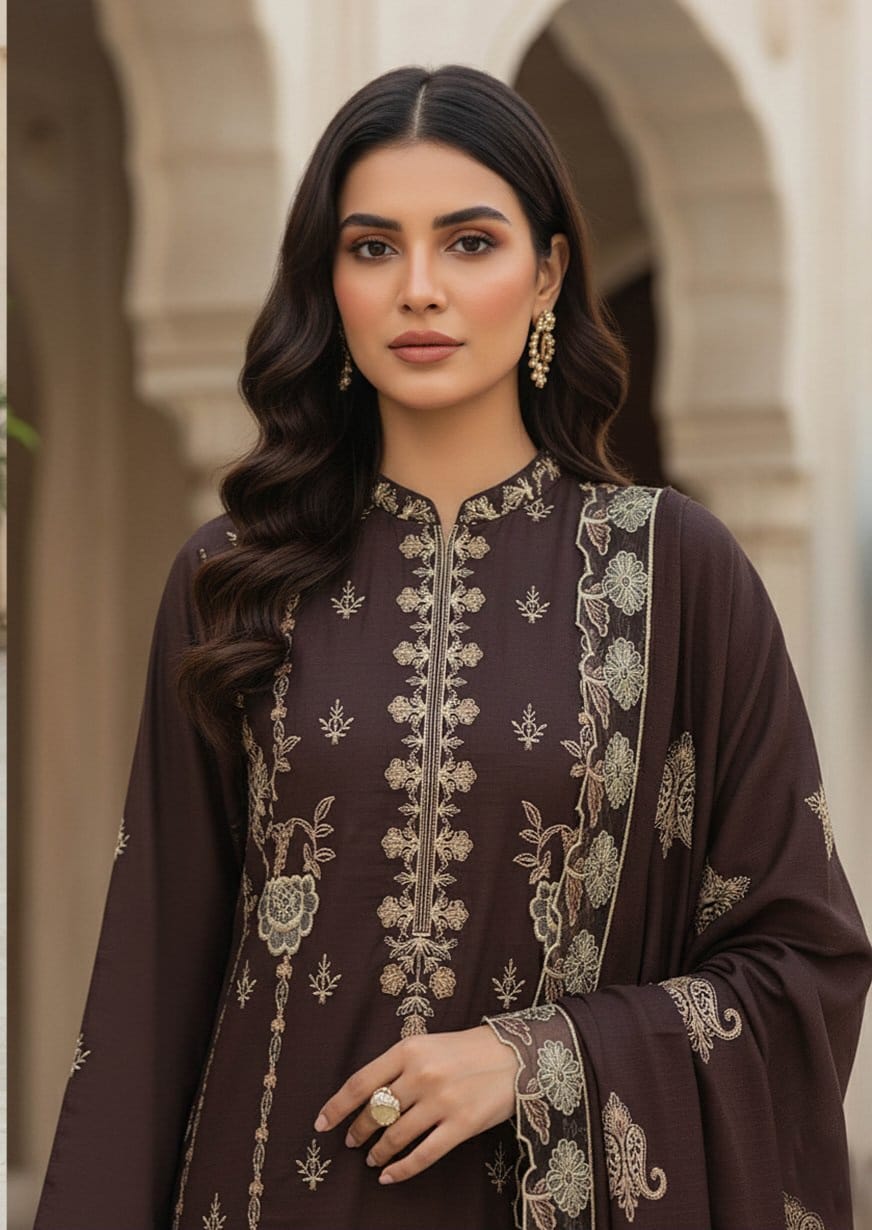 Bronze Dusk, Banadora Wool 2 Head Embroidered 3 Pcs unstitched.