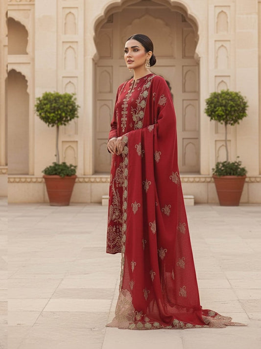 Imperial Red, Banadora Wool 2 Head Embroidered 3 Pcs Unstitched