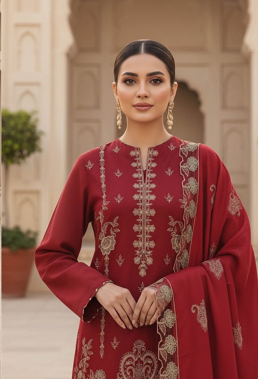 Imperial Red , Banadora Wool 2 head Embroidered 3 Pcs unstitched.