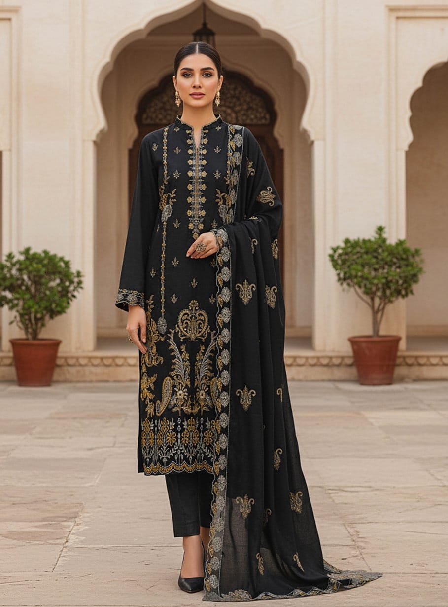 Noir Majesty, Banadora Wool 2 head Embroidered 3 Pcs unstitched