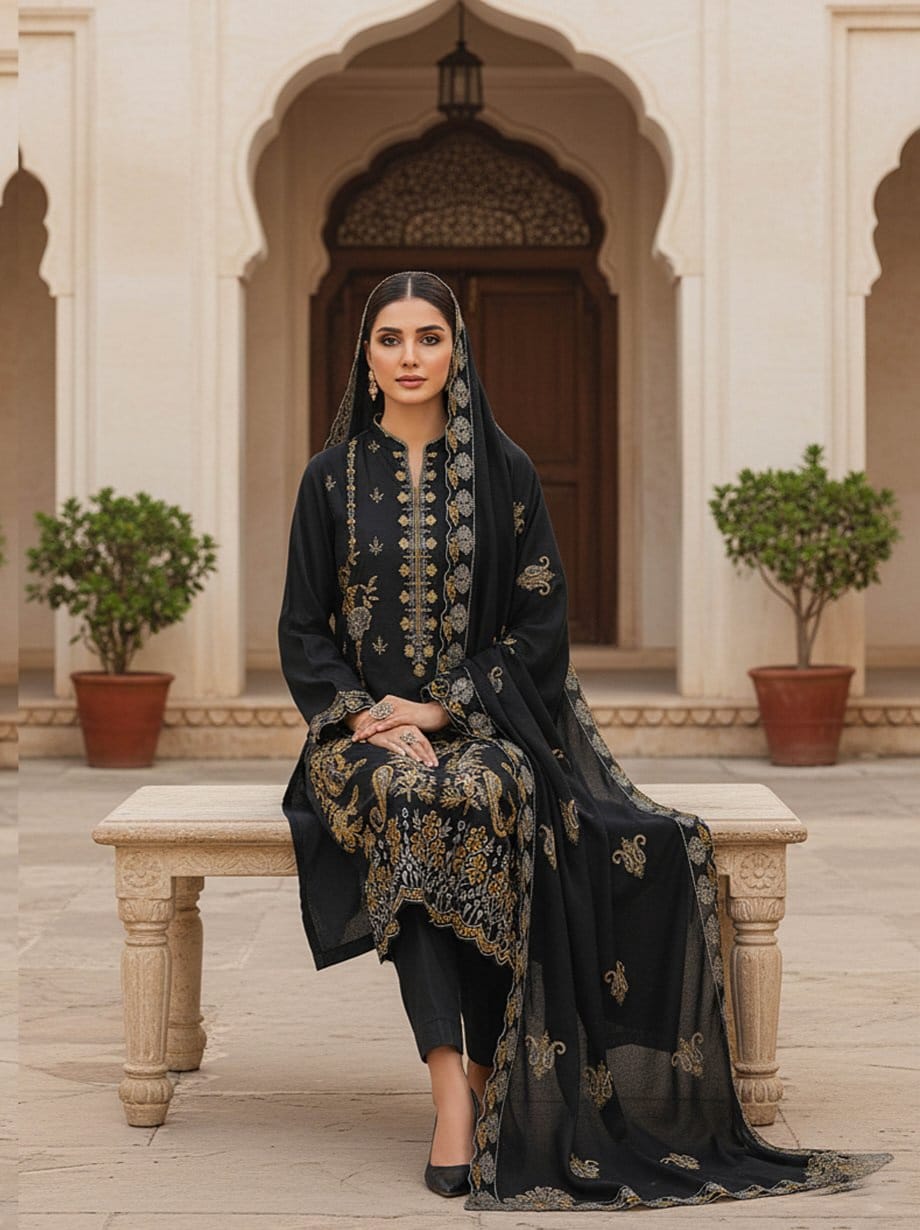 Noir Majesty, Banadora Wool 2 head Embroidered 3 Pcs unstitched