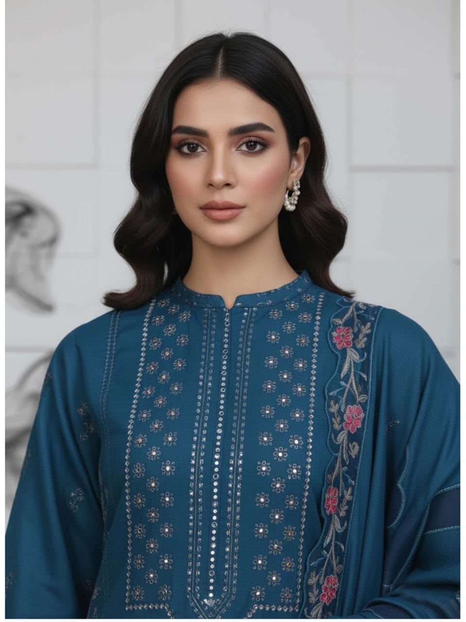 Teal Dynasty, Banadora Wool 2 head Embroidered 3 pcs.