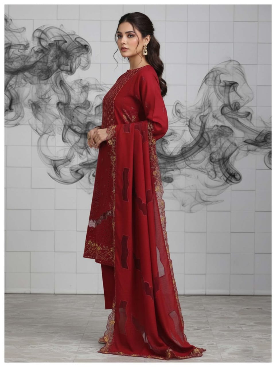 Wine Red, Banadora Wool 2 Head Embroidered 3PCs.