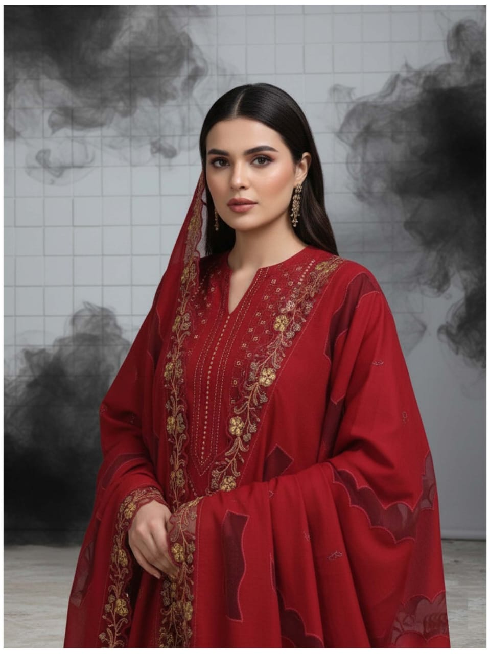 Wine Red, Banadora Wool 2 Head Embroidered 3PCs.