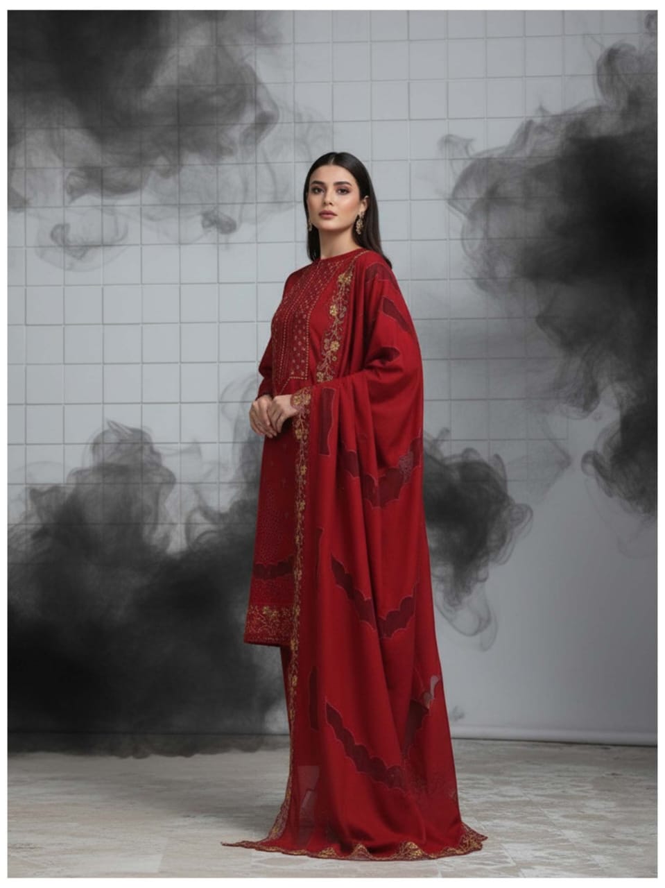 Wine Red, Banadora Wool 2 Head Embroidered 3PCs.