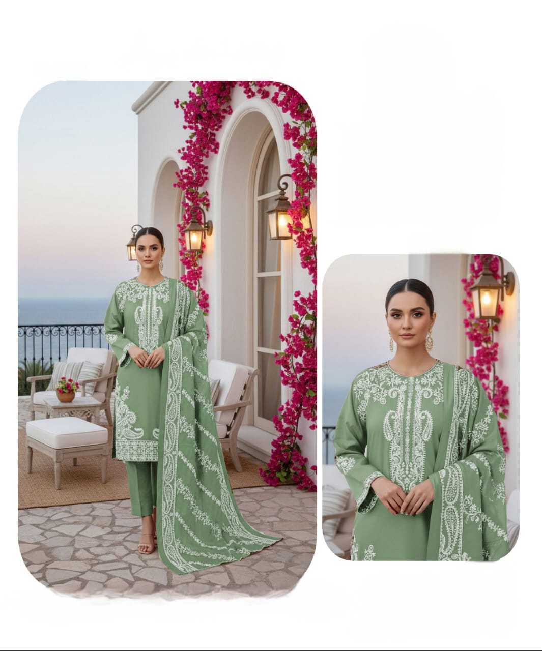 Soft Sage, Chamki Wool 2 Head Embroidered 3 Pcs.