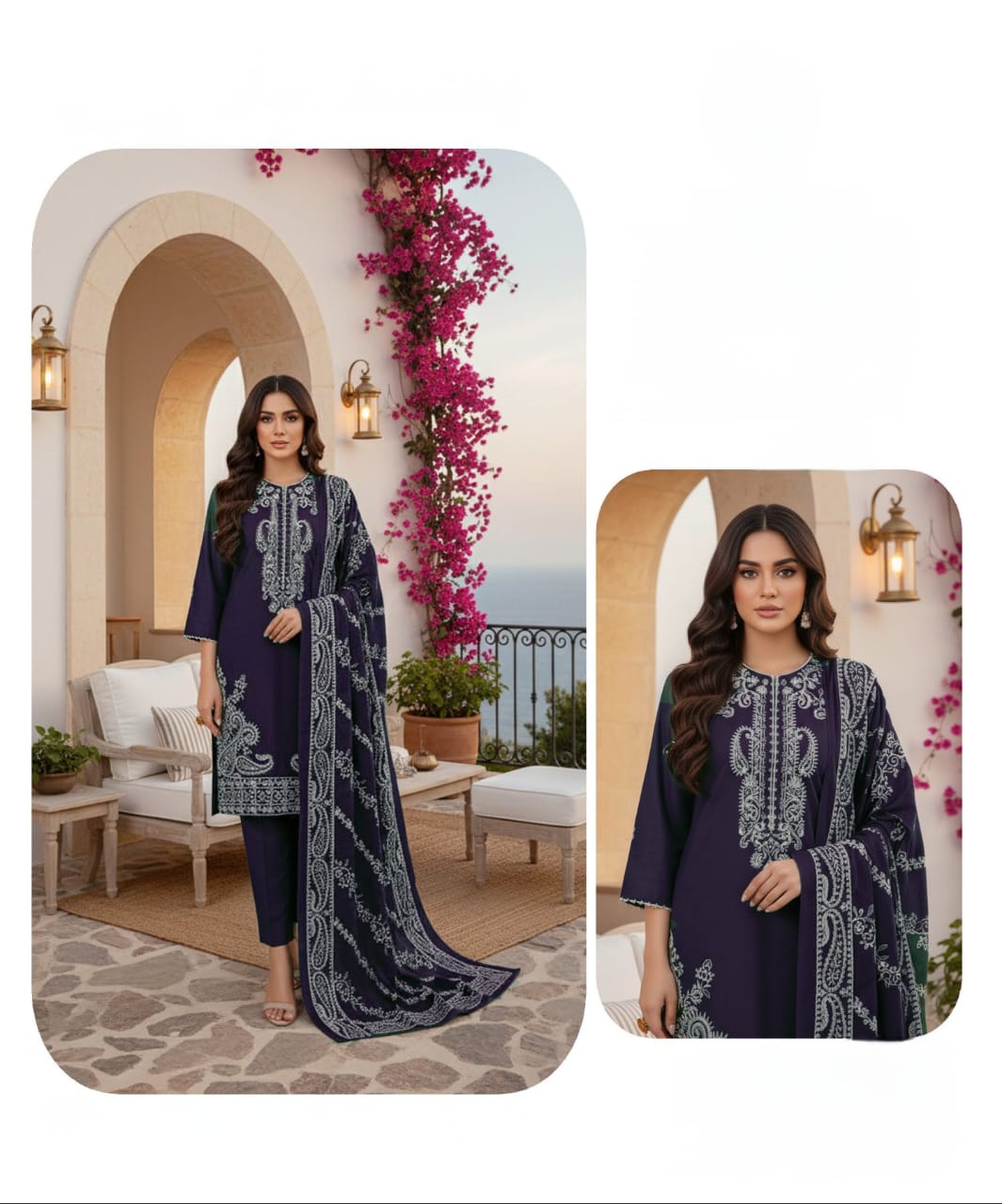 Space Blue, Chamki Wool 2 head Embroidered 3 pcs.