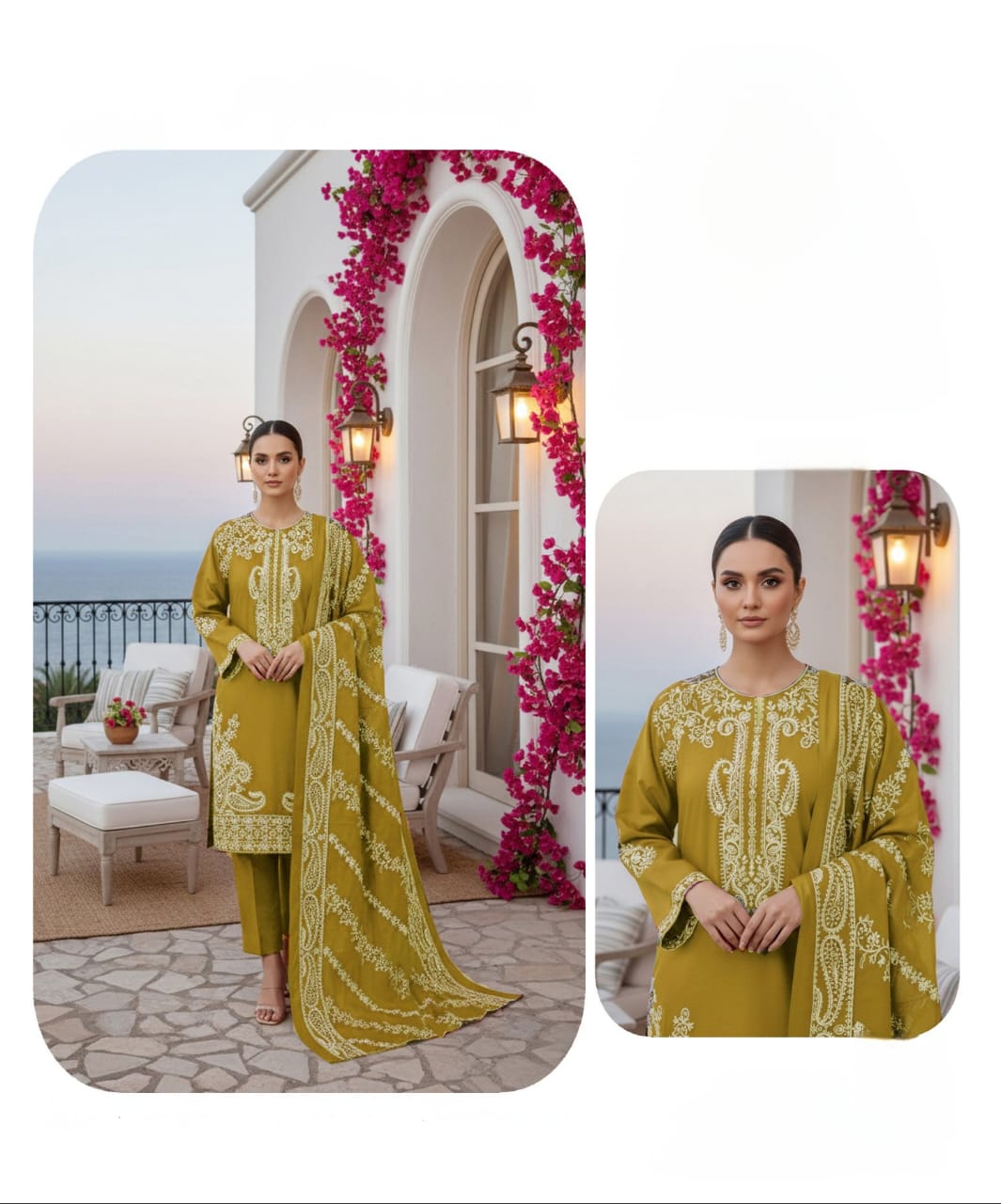 Pearl mustard, Chamki wool 2 head Embroidered 3 pcs