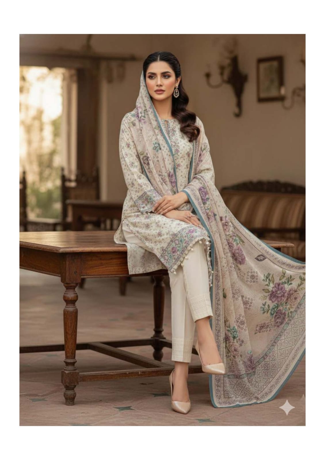 Ivory Beige, Banadora Dhanak 3pcs printed.