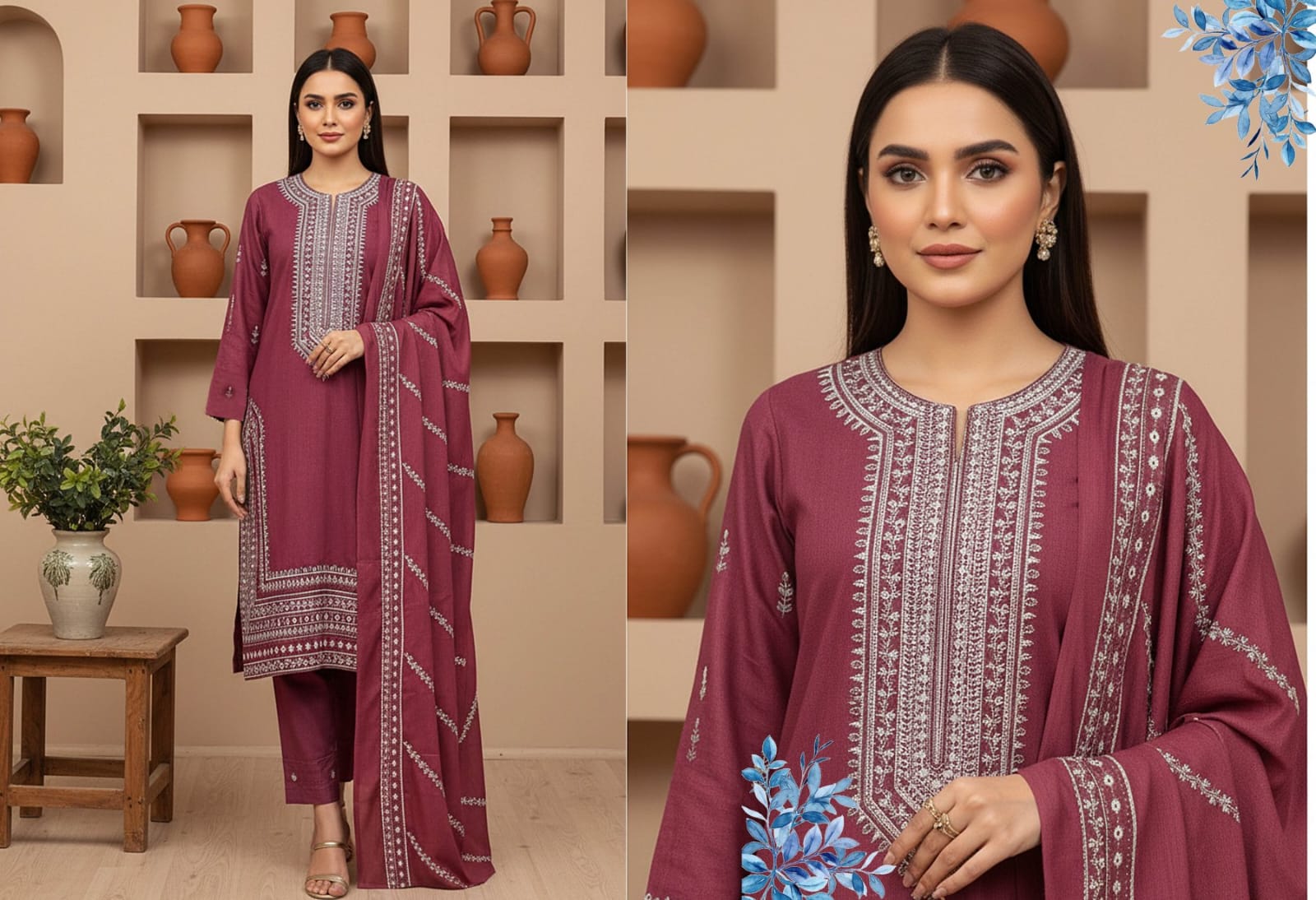 Kashmiri Pink, Chamki Wool 2 head Embroidered 3 pcs.