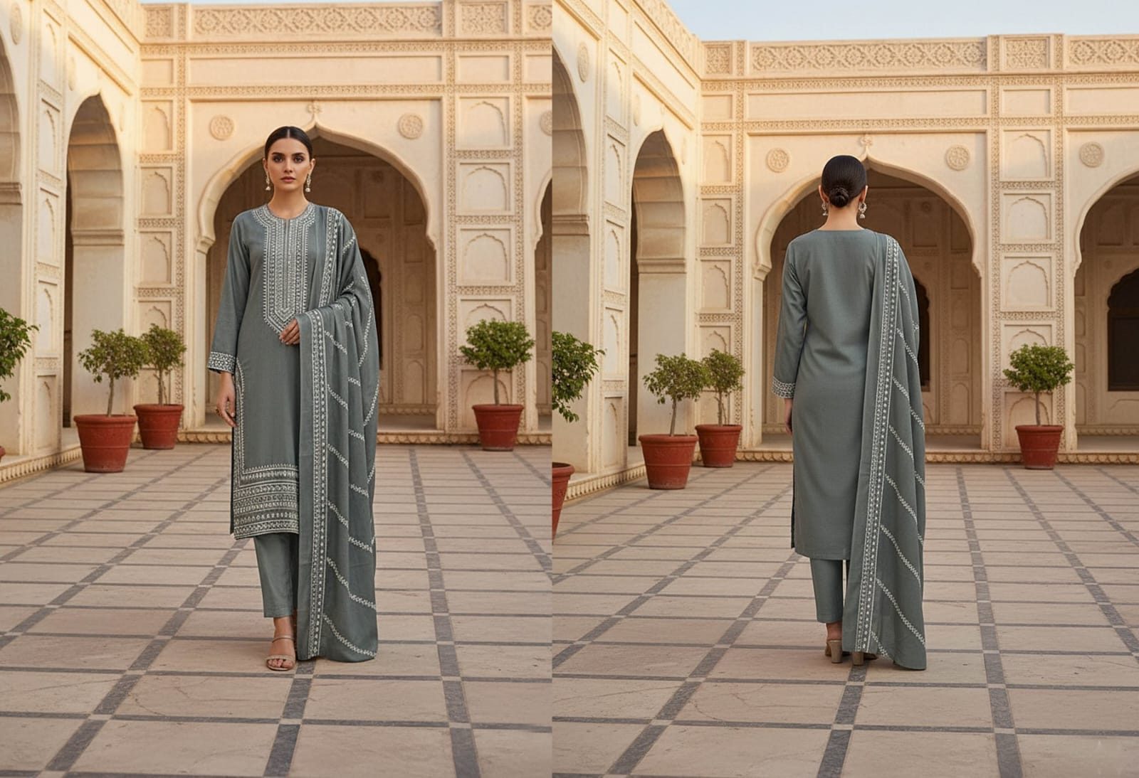 Pebble Grey, Chamki Zari Wool 2 head embroidered 3 pcs.