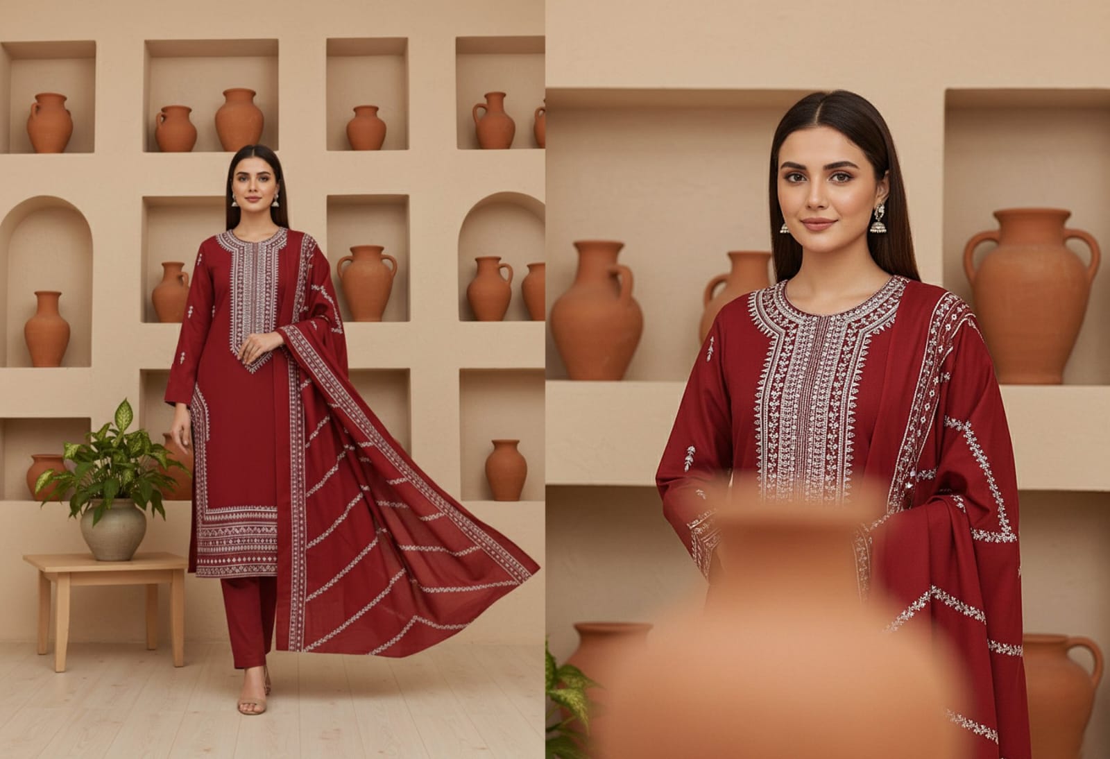 Burgundi ,Chamki Zari Wool 2 head embroidered 3 pcs.