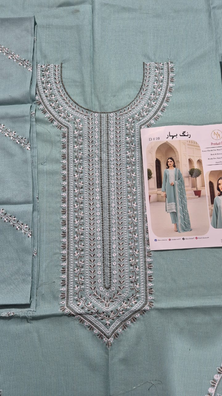 Frosted Sky, Chamki Zari Wool 2 head Embroidered 3 pcs