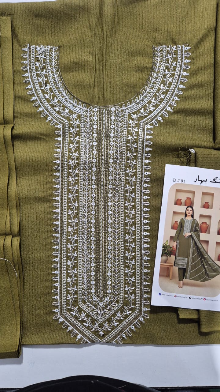 Dark Jade, Chamki Zari Wool 2 head Embroidered 3 pcs.