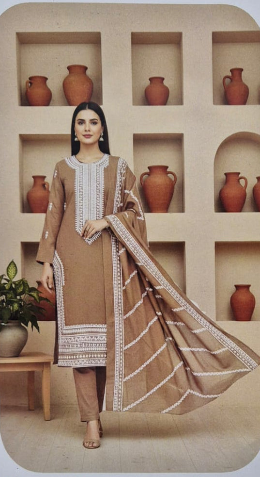 Camel Brown, Zari Chamki wool 2 head embroidered 3 pcs.