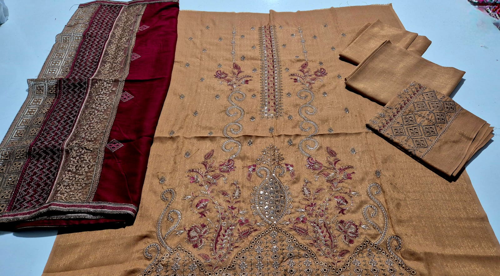 Crimson Beige, Zari Chamki Wool Embroidered 3 pcs