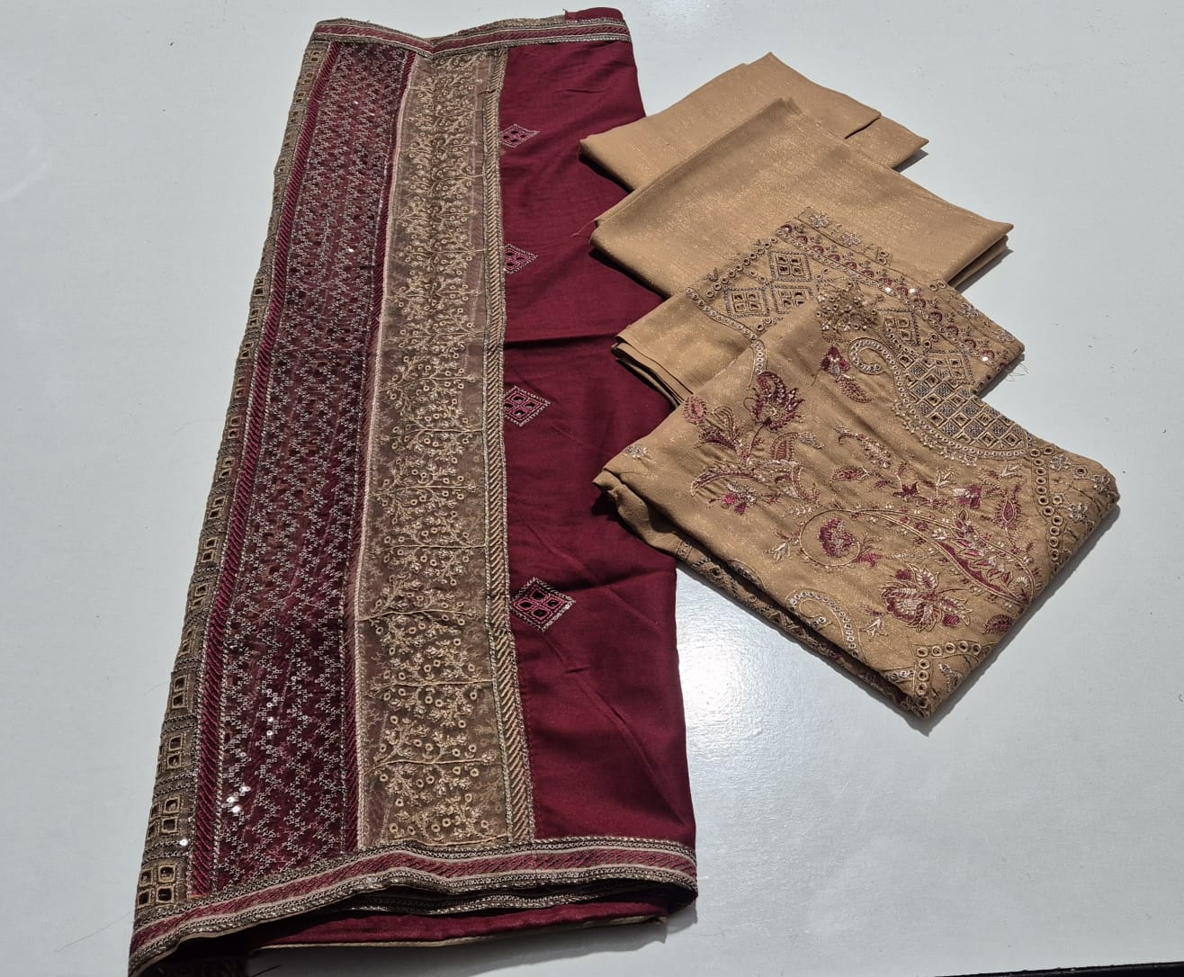Crimson Beige, Zari Chamki Wool Embroidered 3 pcs