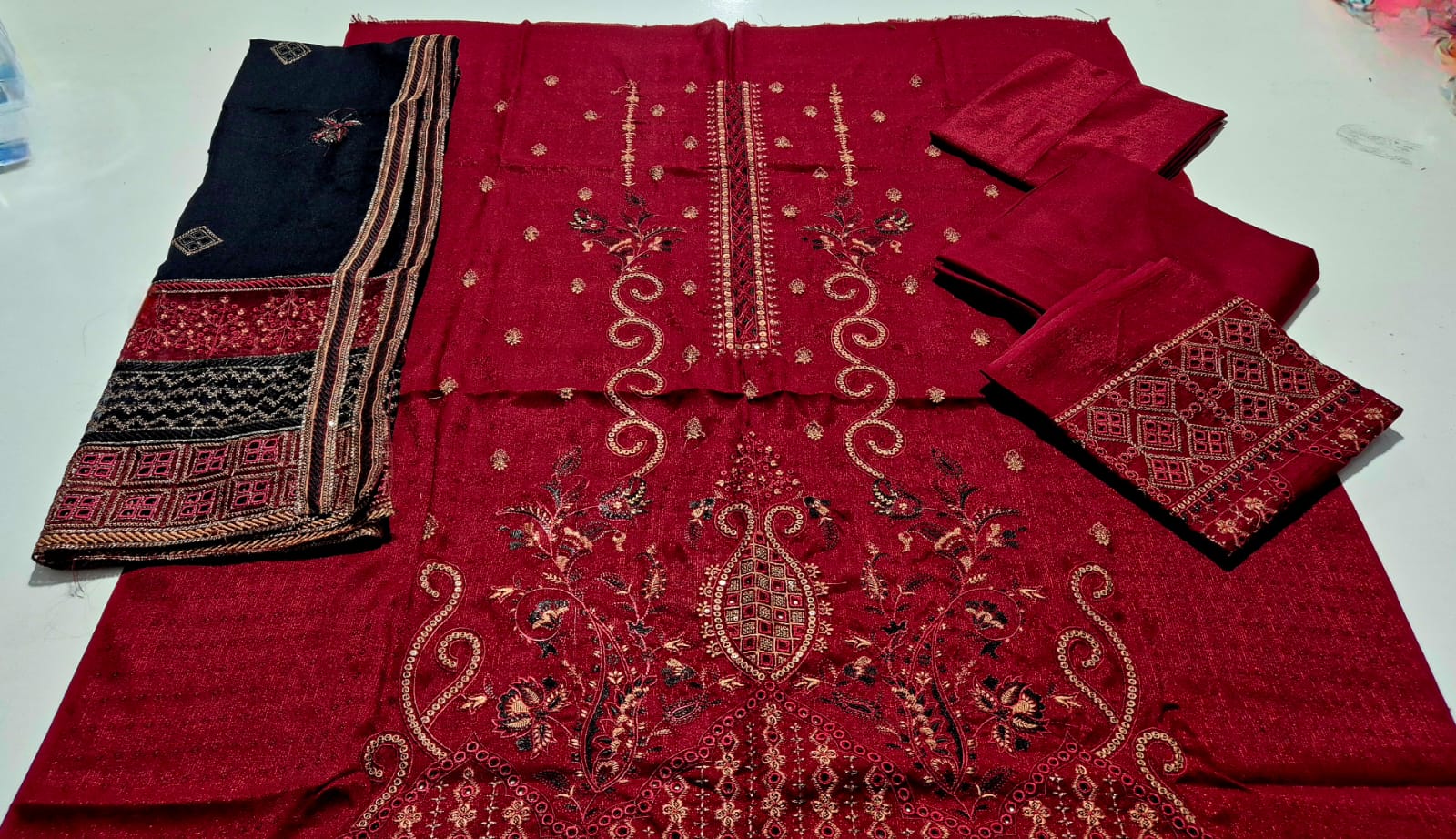 Wine Maroon, Zari Chamki Wool Embroidered 3 pcs