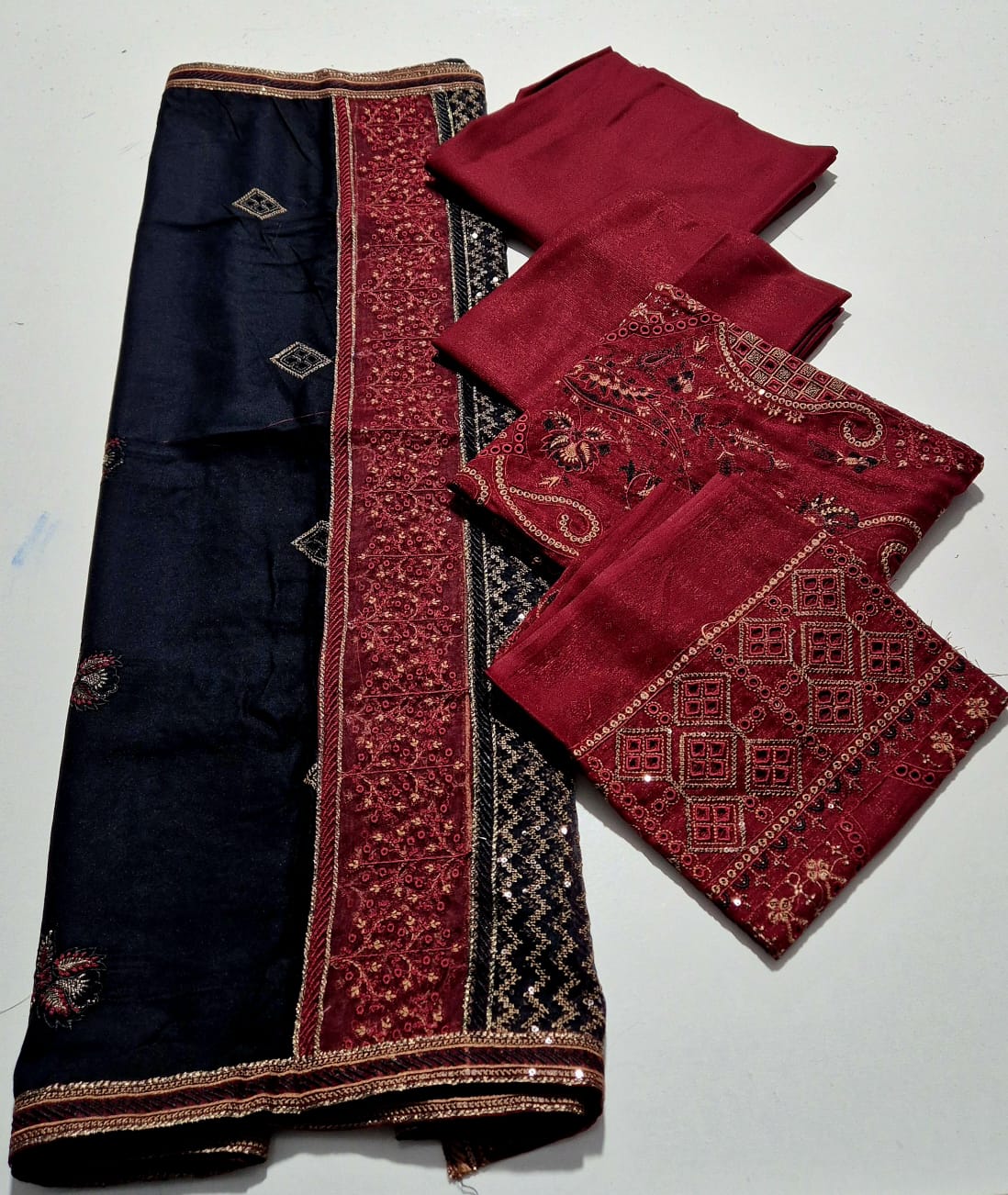 Wine Maroon, Zari Chamki Wool Embroidered 3 pcs