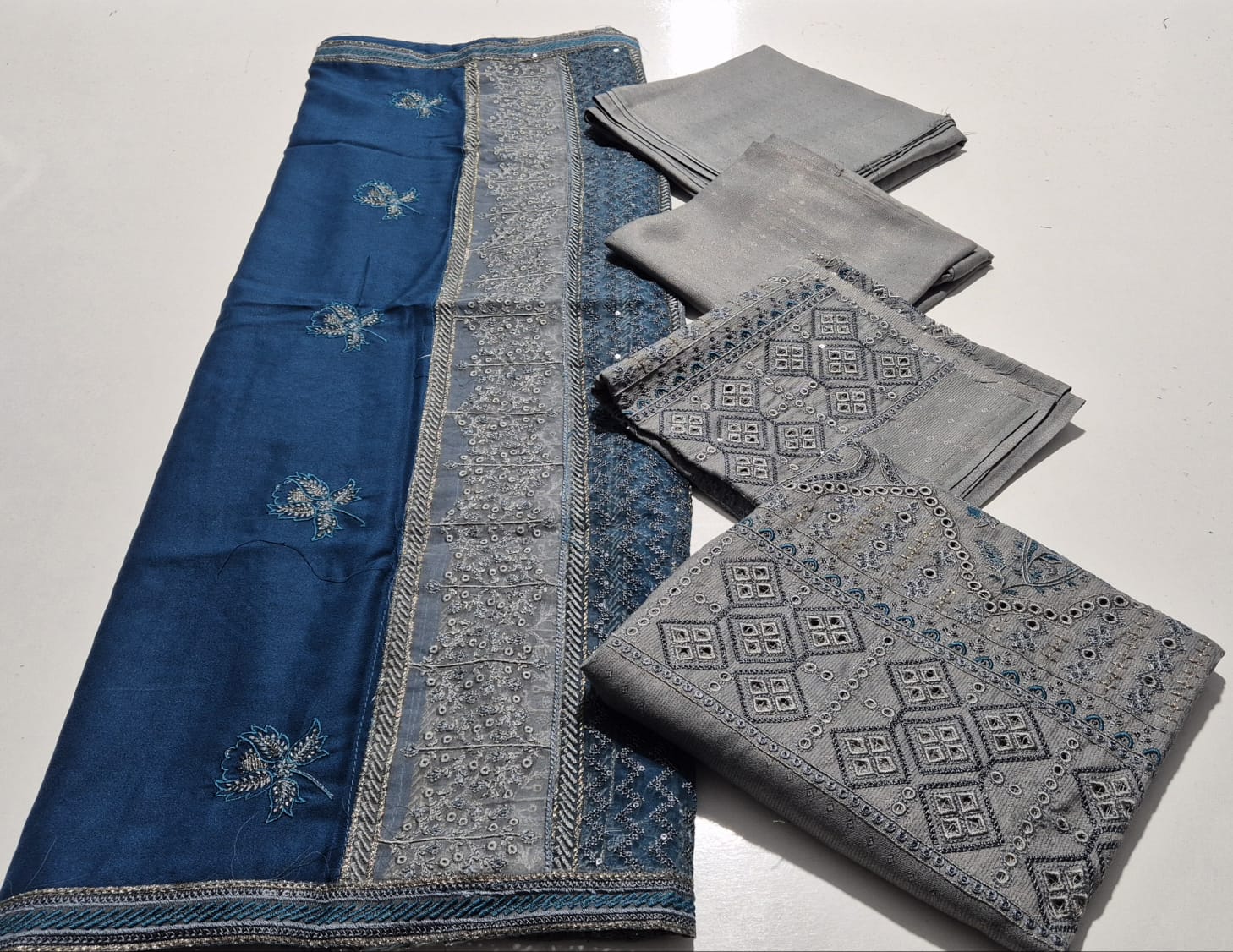 Slate Blue, Zari Chamki Wool Embroidered 3 pcs